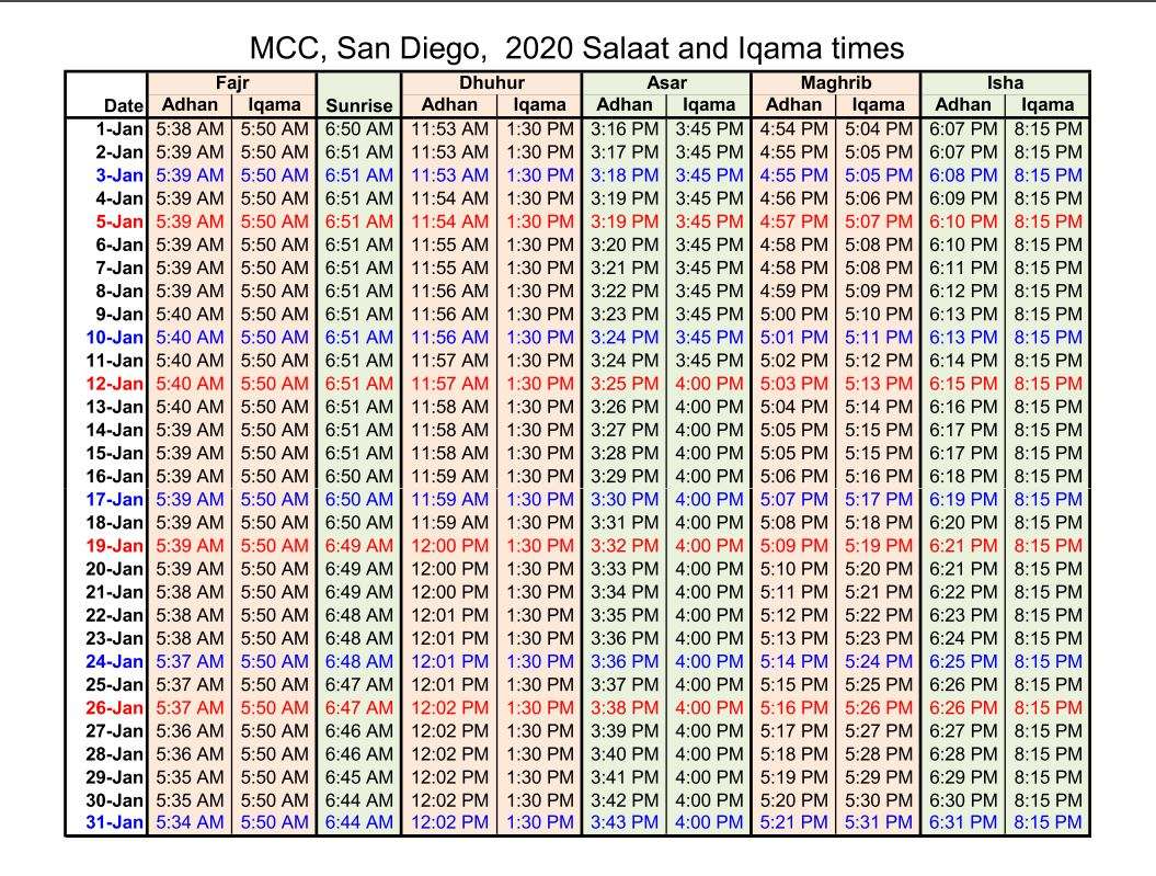 Prayer Times 2020 – Muslim Community Center of Greater San Diego